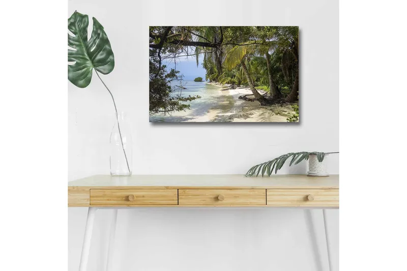 Canvas-taulu LED-valaistuksella - Trooppinen ranta palmujen ja kirkkaan veden kanssa - Vihreä / Sininen / Beige - Sisustustuotteet - Taulu & taide - Canvas-taulu