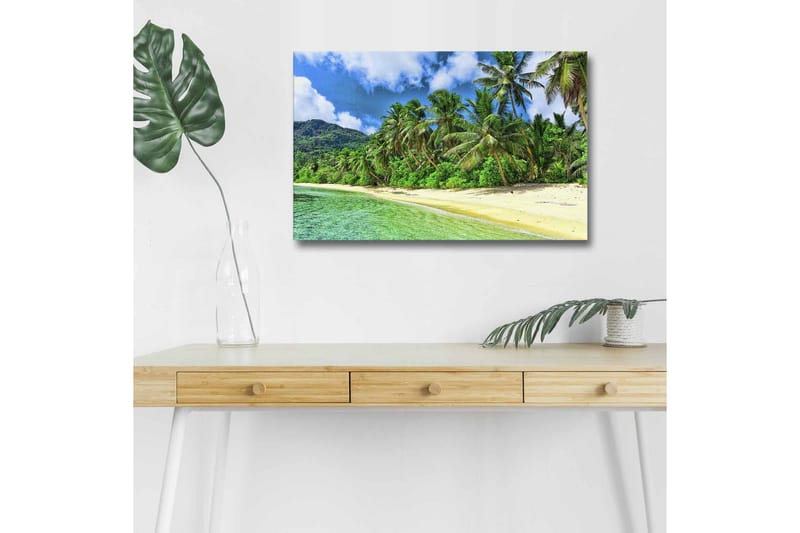 Canvas-taulu LED-valaistuksella - Trooppinen ranta palmujen ja kirkkaan veden kanssa, Vihreä / Sininen / Hiekanvärinen