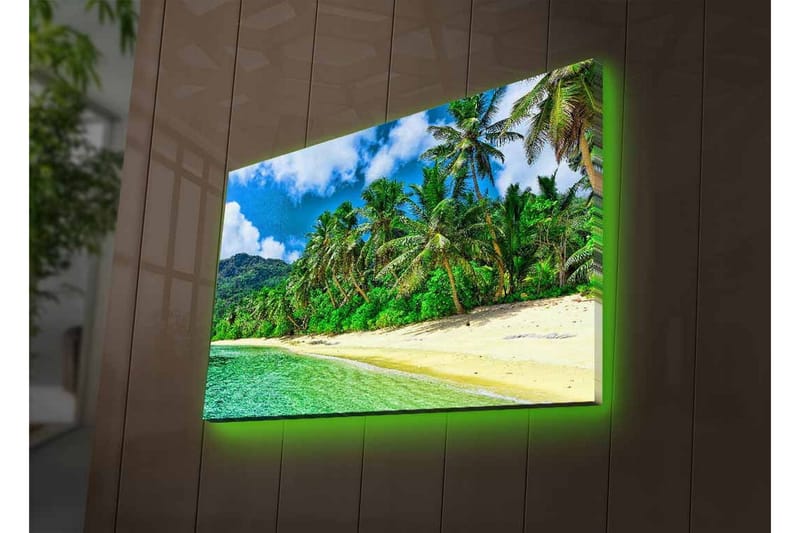 Canvas-taulu LED-valaistuksella - Trooppinen ranta palmujen ja kirkkaan veden kanssa - Vihreä / Sininen / Hiekanvärinen - Sisustustuotteet - Taulu & taide - Canvas-taulu