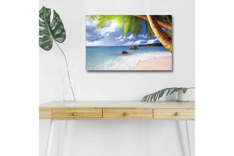 Canvas-taulu LED-valaistuksella - Trooppinen ranta palmuilla ja kirkkaansinisellä merellä, Sininen / Vihreä / Beige