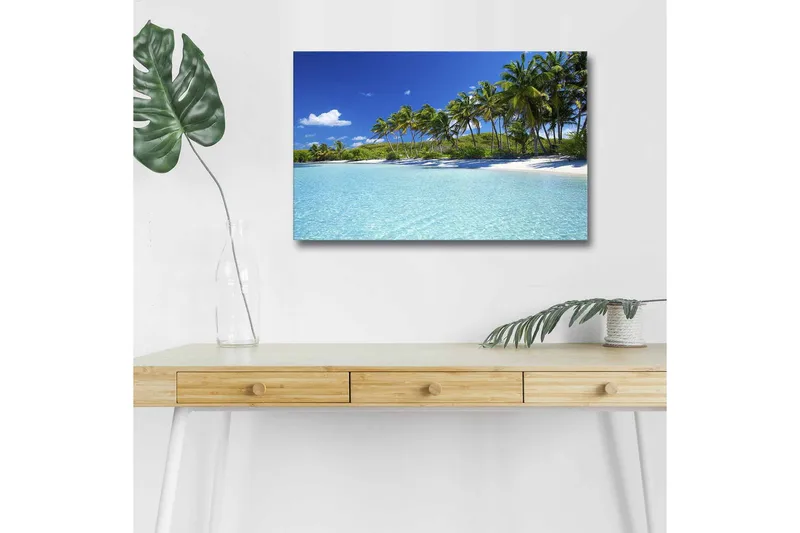 Canvas-taulu LED-valaistuksella - Trooppinen ranta palmujen ja kirkkaan veden kanssa, Sininen / Vihreä / Valkoinen