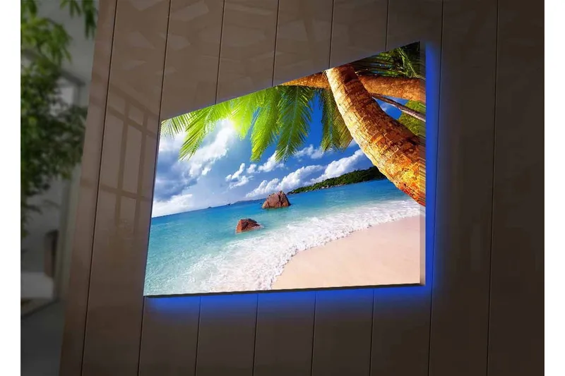 Canvas-taulu LED-valaistuksella - Trooppinen ranta palmuilla ja kirkkaansinisellä merellä - Sininen / Vihreä / Beige - Sisustustuotteet - Taulu & taide - Canvas-taulu