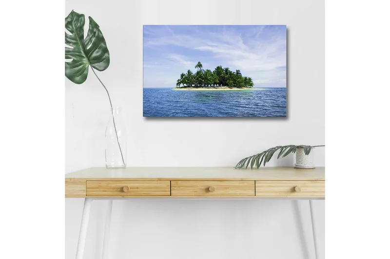 Canvas-taulu LED-valaistuksella - Trooppinen saari palmuilla kirkkaan sinisen meren ympäröimänä, Sininen / Vihreä / Beige