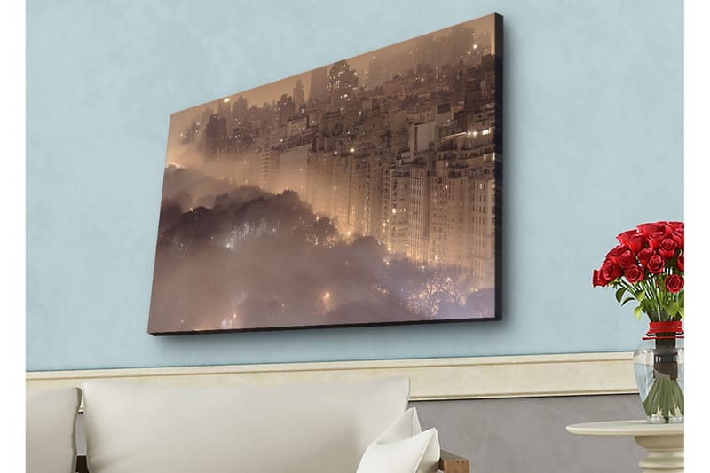 Canvas-taulu LED-valaistuksella - Tunnelmallinen kaupunkikuva sumussa pilvenpiirtäjien ja puiden latvojen kanssa - Tummanruskea / Harmaa / Kulta - Sisustustuotteet - Taulu & taide - Canvas-taulu