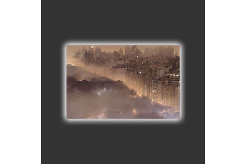 Canvas-taulu LED-valaistuksella - Tunnelmallinen kaupunkikuva sumussa pilvenpiirtäjien ja puiden latvojen kanssa - Tummanruskea / Harmaa / Kulta - Sisustustuotteet - Taulu & taide - Canvas-taulu