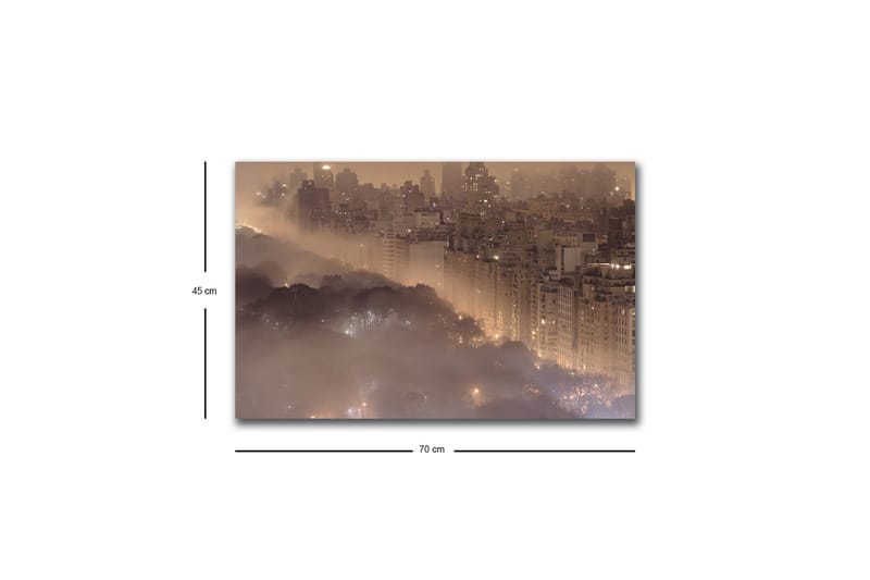 Canvas-taulu LED-valaistuksella - Tunnelmallinen kaupunkikuva sumussa pilvenpiirtäjien ja puiden latvojen kanssa - Tummanruskea / Harmaa / Kulta - Sisustustuotteet - Taulu & taide - Canvas-taulu