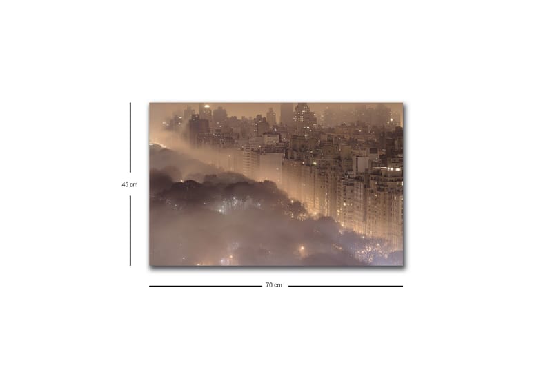 Canvas-taulu LED-valaistuksella - Tunnelmallinen kaupunkikuva sumussa pilvenpiirtäjien ja puiden latvojen kanssa - Tummanruskea / Harmaa / Kulta - Sisustustuotteet - Taulu & taide - Canvas-taulu