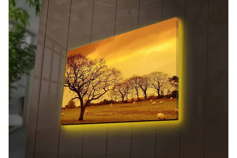 Canvas-taulu LED-valaistuksella - Tunnelmallinen maisemanäkymä puiden siluetteineen kultaista taivasta vasten - Kulta / Ruskea / Musta - Sisustustuotteet - Taulu & taide - Canvas-taulu