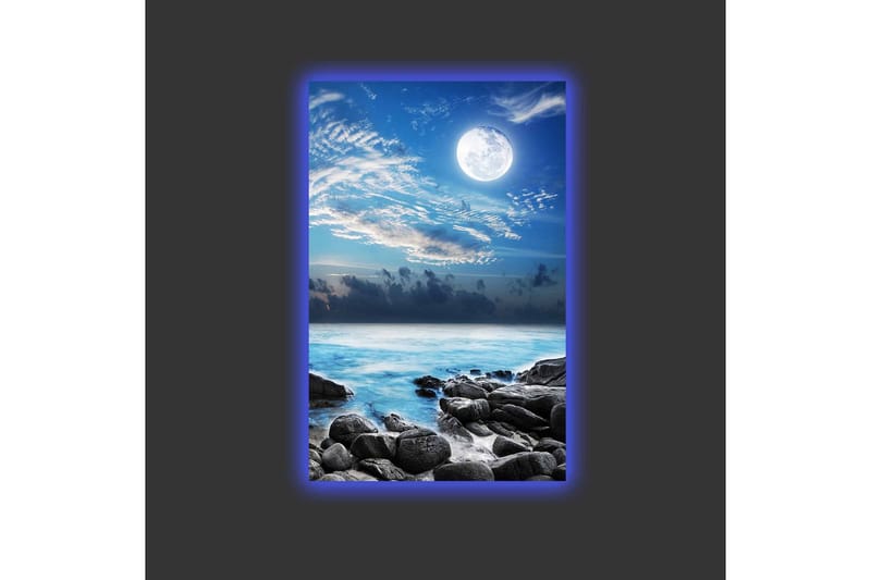 Canvas-taulu LED-valaistuksella - Tunnelmallinen merimaisema kuulla ja kivillä - Sininen / Harmaa / Valkoinen - Sisustustuotteet - Taulu & taide - Canvas-taulu