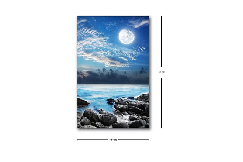 Canvas-taulu LED-valaistuksella - Tunnelmallinen merimaisema kuulla ja kivillä - Sininen / Harmaa / Valkoinen - Sisustustuotteet - Taulu & taide - Canvas-taulu