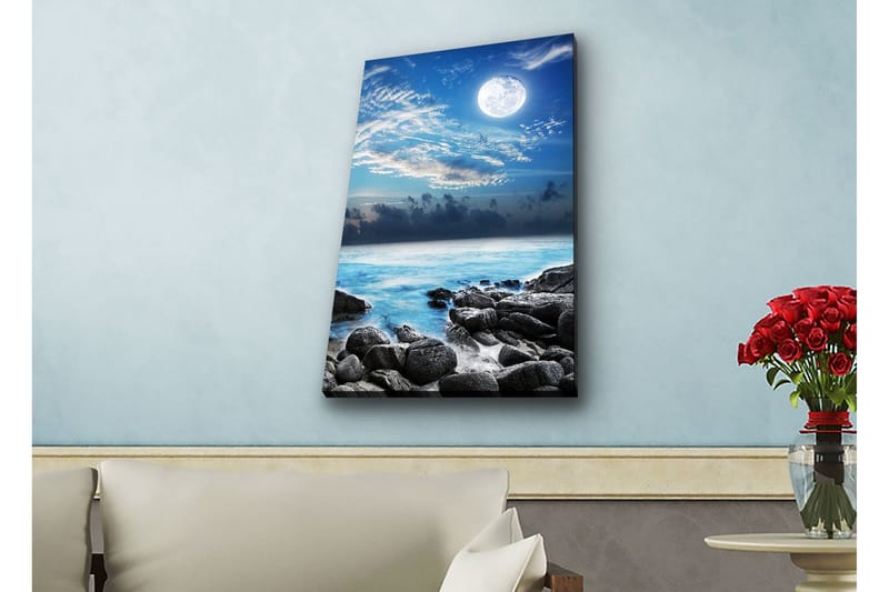 Canvas-taulu LED-valaistuksella - Tunnelmallinen merimaisema kuulla ja kivillä - Sininen / Harmaa / Valkoinen - Sisustustuotteet - Taulu & taide - Canvas-taulu