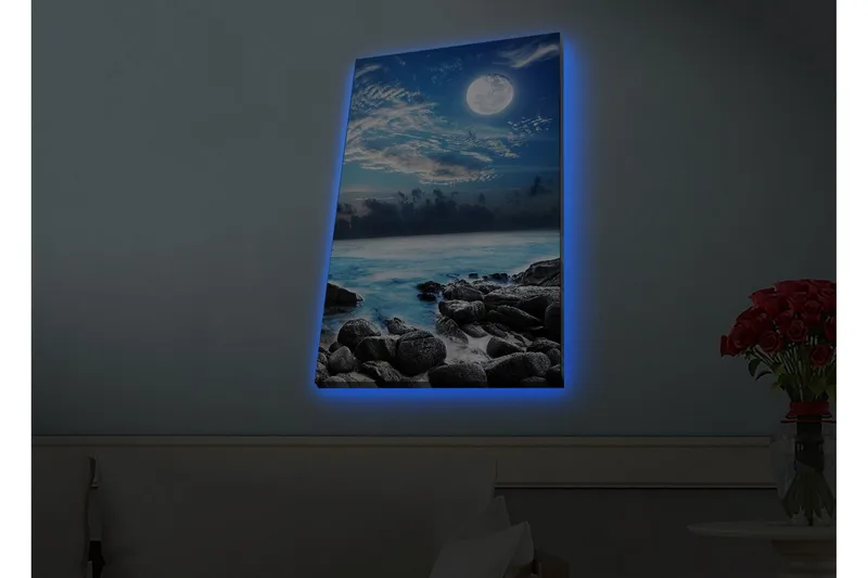 Canvas-taulu LED-valaistuksella - Tunnelmallinen merimaisema kuulla ja kivillä - Sininen / Harmaa / Valkoinen - Sisustustuotteet - Taulu & taide - Canvas-taulu