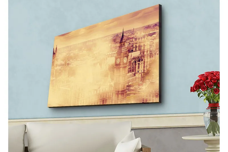 Canvas-taulu LED-valaistuksella - Tunnelmallinen näkymä kaupungista ja kuuluisista rakennuksista sumussa - Beige / Kulta / Tummanruskea - Sisustustuotteet - Taulu & taide - Canvas-taulu