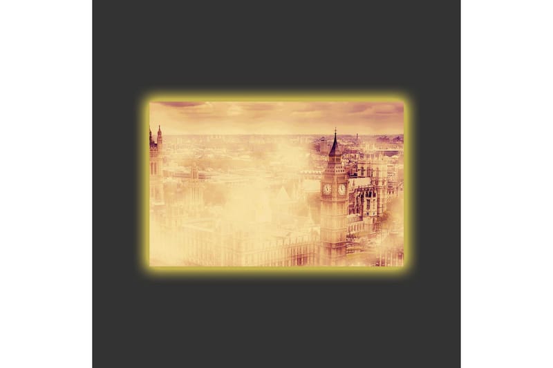 Canvas-taulu LED-valaistuksella - Tunnelmallinen näkymä kaupungista ja kuuluisista rakennuksista sumussa - Beige / Kulta / Tummanruskea - Sisustustuotteet - Taulu & taide - Canvas-taulu
