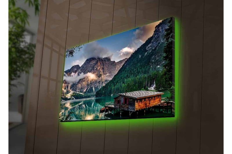 Canvas-taulu LED-valaistuksella - Tunnelmallinen vuoristojärvi ja puinen mökki veden äärellä - Vihreä / Sininen / Ruskea - Sisustustuotteet - Taulu & taide - Canvas-taulu