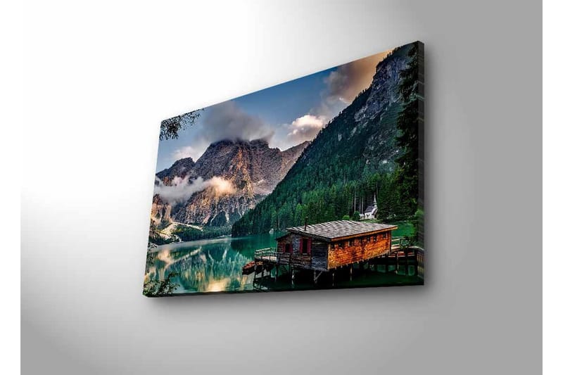 Canvas-taulu LED-valaistuksella - Tunnelmallinen vuoristojärvi ja puinen mökki veden äärellä - Vihreä / Sininen / Ruskea - Sisustustuotteet - Taulu & taide - Canvas-taulu