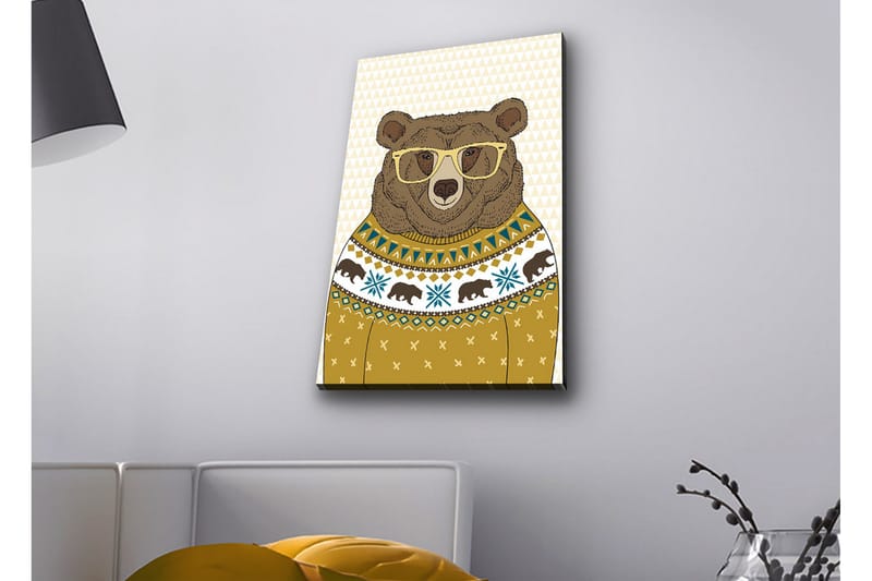 Canvas-taulu LED-valaistuksella - Tyylikäs karhu lasien kanssa kuviollisessa neuleessa - Ruskea / Keltainen / Sininen - Sisustustuotteet - Taulu & taide - Canvas-taulu