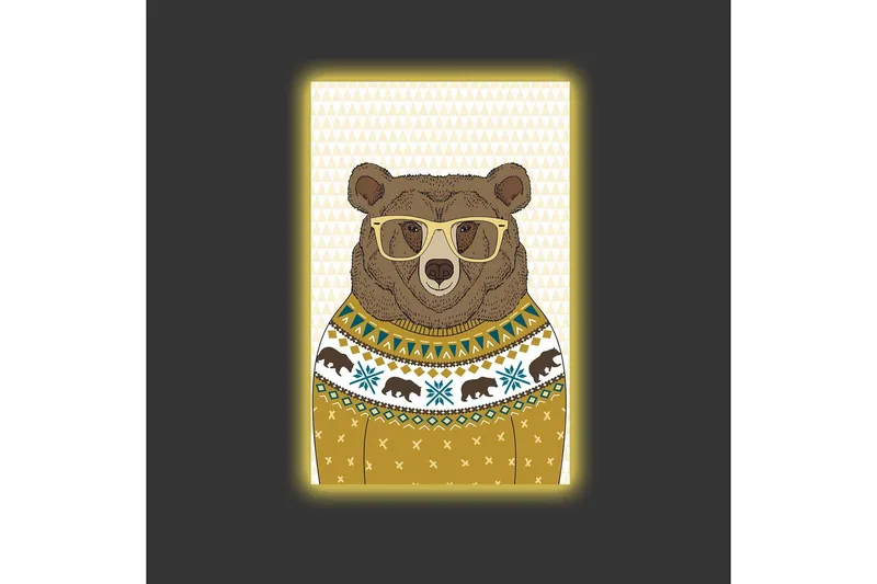 Canvas-taulu LED-valaistuksella - Tyylikäs karhu lasien kanssa kuviollisessa neuleessa - Ruskea / Keltainen / Sininen - Sisustustuotteet - Taulu & taide - Canvas-taulu
