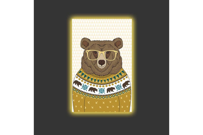 Canvas-taulu LED-valaistuksella - Tyylikäs karhu lasien kanssa kuviollisessa neuleessa - Ruskea / Keltainen / Sininen - Sisustustuotteet - Taulu & taide - Canvas-taulu