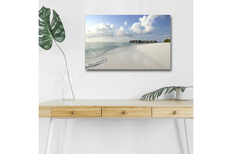 Canvas-taulu LED-valaistuksella - Tyyni ranta kirkkaalla vedellä ja valkoisilla hiekkadyyneillä, Sininen / Valkoinen / Vihreä