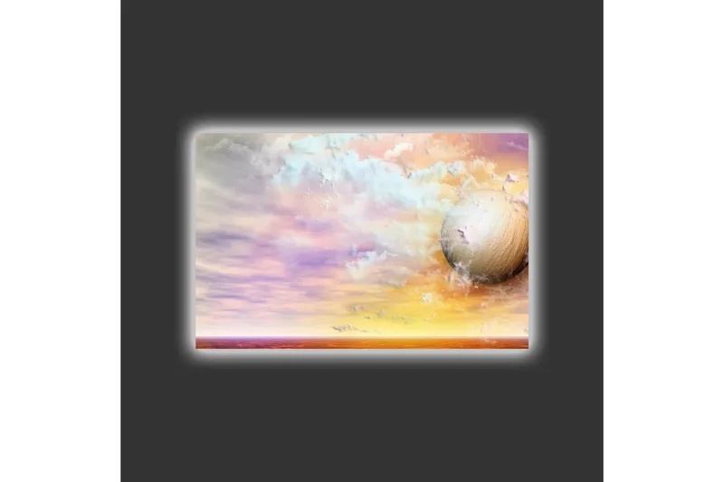 Canvas-taulu LED-valaistuksella - Unenomainen maisema suurella planeetalla ja värikkäillä pilvillä - Violetti / Oranssi / Beige - Sisustustuotteet - Taulu & taide - Canvas-taulu