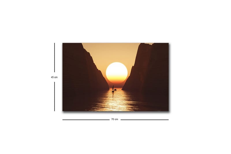 Canvas-taulu LED-valaistuksella - Upea auringonlasku kapean vuonon yllä purjeveneen siluettina - Oranssi / Ruskea / Kulta - Sisustustuotteet - Taulu & taide - Canvas-taulu