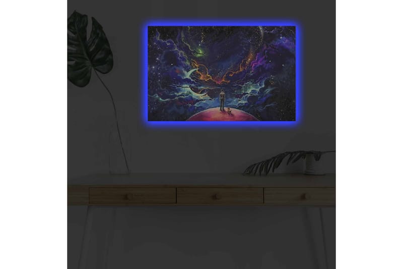 Canvas-taulu LED-valaistuksella - Upea avaruusmaisema, jossa mies ja koira planeetalla - Violetti / Sininen / Vaaleanpunainen - Sisustustuotteet - Taulu & taide - Canvas-taulu