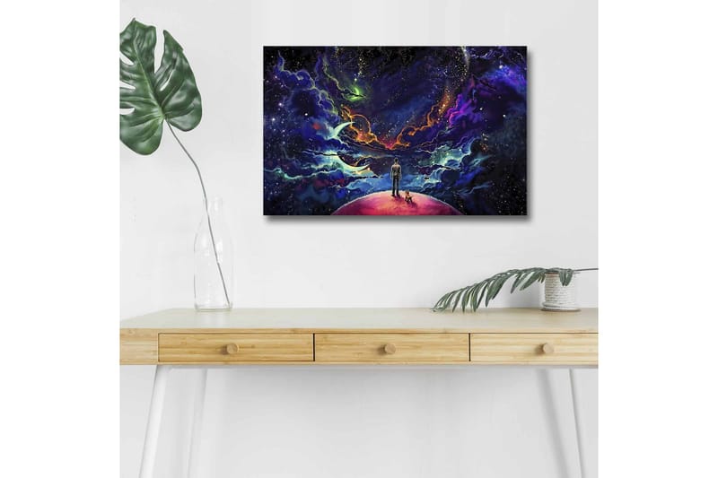 Canvas-taulu LED-valaistuksella - Upea avaruusmaisema, jossa mies ja koira planeetalla - Violetti / Sininen / Vaaleanpunainen - Sisustustuotteet - Taulu & taide - Canvas-taulu