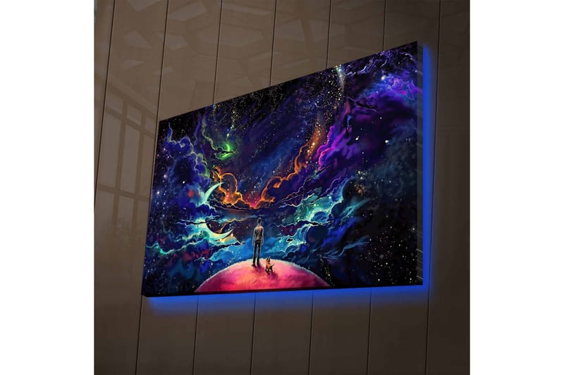 Canvas-taulu LED-valaistuksella - Upea avaruusmaisema, jossa mies ja koira planeetalla - Violetti / Sininen / Vaaleanpunainen - Sisustustuotteet - Taulu & taide - Canvas-taulu