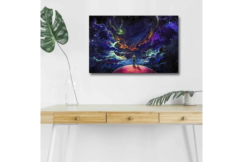 Canvas-taulu LED-valaistuksella - Upea avaruusmaisema, jossa mies ja koira planeetalla, Violetti / Sininen / Vaaleanpunainen
