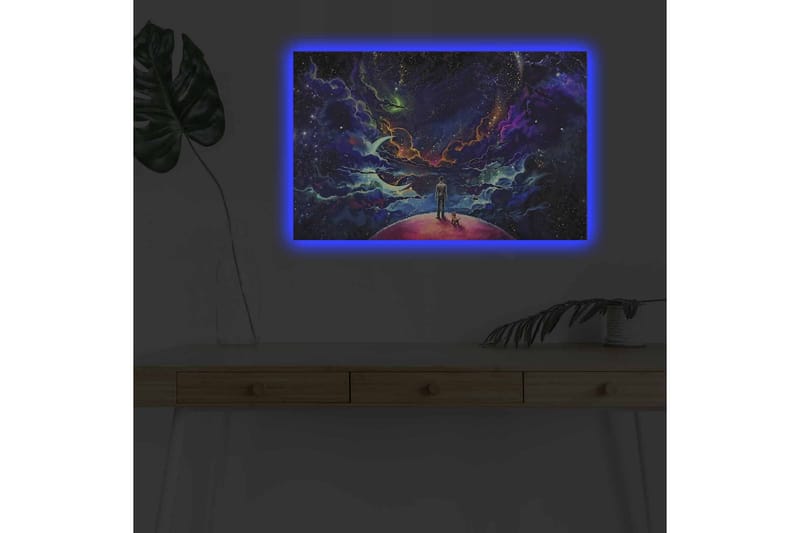 Canvas-taulu LED-valaistuksella - Upea avaruusmaisema, jossa mies ja koira planeetalla - Violetti / Sininen / Vaaleanpunainen - Sisustustuotteet - Taulu & taide - Canvas-taulu
