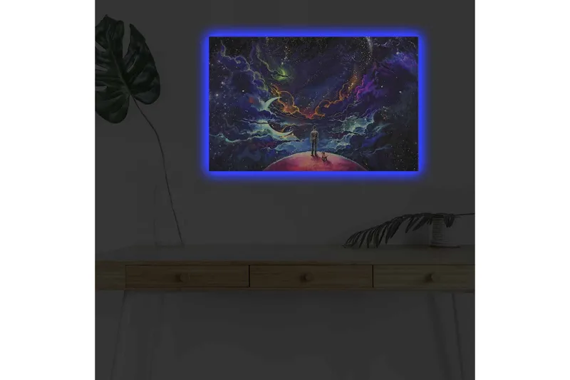 Canvas-taulu LED-valaistuksella - Upea avaruusmaisema, jossa mies ja koira planeetalla - Violetti / Sininen / Vaaleanpunainen - Sisustustuotteet - Taulu & taide - Canvas-taulu