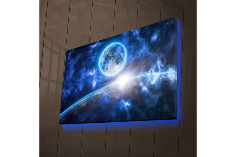 Canvas-taulu LED-valaistuksella - Upea avaruusmaisema, jossa planeetta ja kuu keskipisteenä, Tummansininen / Vaaleansininen / Valkoinen