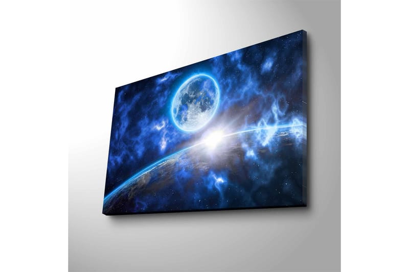 Canvas-taulu LED-valaistuksella - Upea avaruusmaisema, jossa planeetta ja kuu keskipisteenä - Tummansininen / Vaaleansininen / Valkoinen - Sisustustuotteet - Taulu & taide - Canvas-taulu