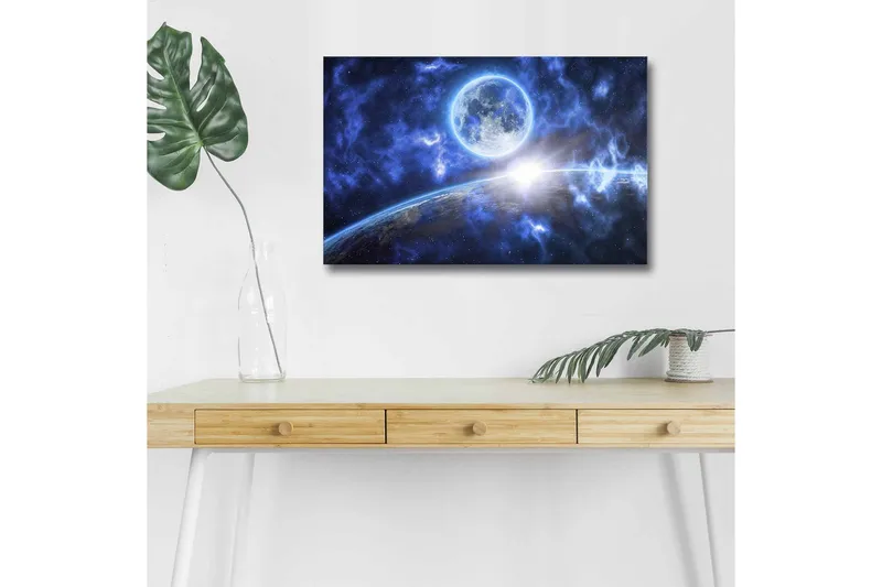 Canvas-taulu LED-valaistuksella - Upea avaruusmaisema, jossa planeetta ja kuu keskipisteenä - Tummansininen / Vaaleansininen / Valkoinen - Sisustustuotteet - Taulu & taide - Canvas-taulu