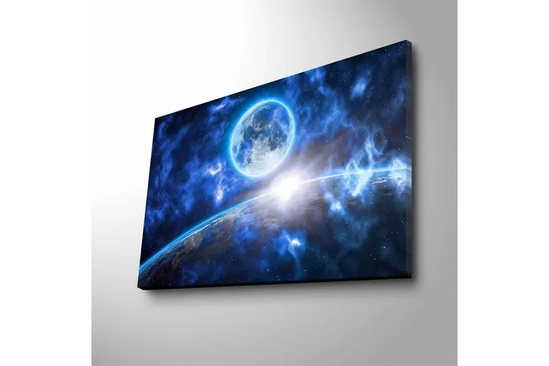 Canvas-taulu LED-valaistuksella - Upea avaruusmaisema, jossa planeetta ja kuu keskipisteenä - Tummansininen / Vaaleansininen / Valkoinen - Sisustustuotteet - Taulu & taide - Canvas-taulu