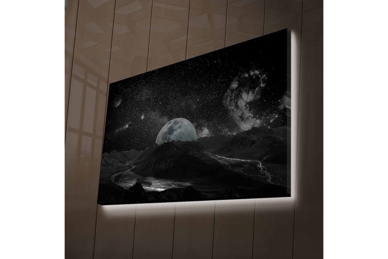 Canvas-taulu LED-valaistuksella - Upea avaruusmaisema kuulla ja tähtitaivaalla, Musta / Harmaa / Valkoinen