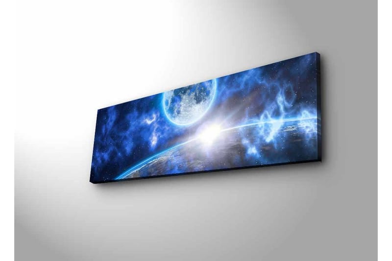 Canvas-taulu LED-valaistuksella - Upea avaruusmaisema planeetalla ja kuulla - Tummansininen / Vaaleansininen / Valkoinen - Sisustustuotteet - Taulu & taide - Canvas-taulu