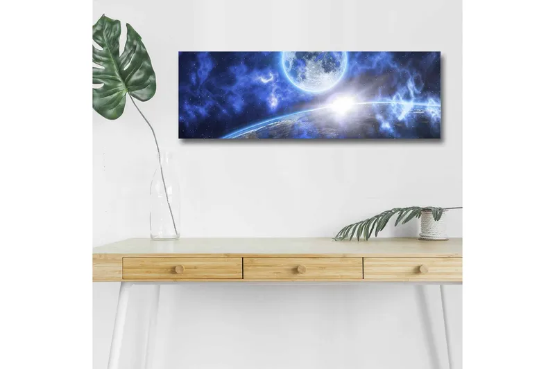 Canvas-taulu LED-valaistuksella - Upea avaruusmaisema planeetalla ja kuulla - Tummansininen / Vaaleansininen / Valkoinen - Sisustustuotteet - Taulu & taide - Canvas-taulu