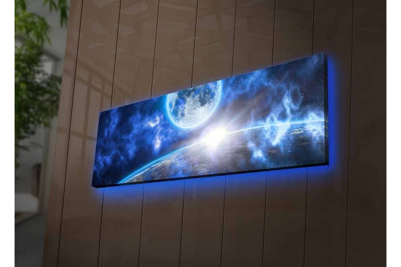 Canvas-taulu LED-valaistuksella - Upea avaruusmaisema planeetalla ja kuulla - Tummansininen / Vaaleansininen / Valkoinen - Sisustustuotteet - Taulu & taide - Canvas-taulu