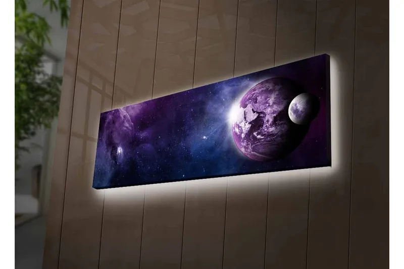 Canvas-taulu LED-valaistuksella - Upea avaruusmaisema planeettoineen ja tähdineen - Violetti / Tummansininen / Valkoinen - Sisustustuotteet - Taulu & taide - Canvas-taulu