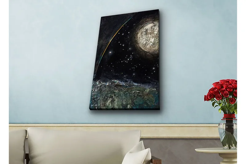 Canvas-taulu LED-valaistuksella - Upea avaruusmaisema planeetalla ja tähdillä, Tummansininen / Vihreä / Valkoinen