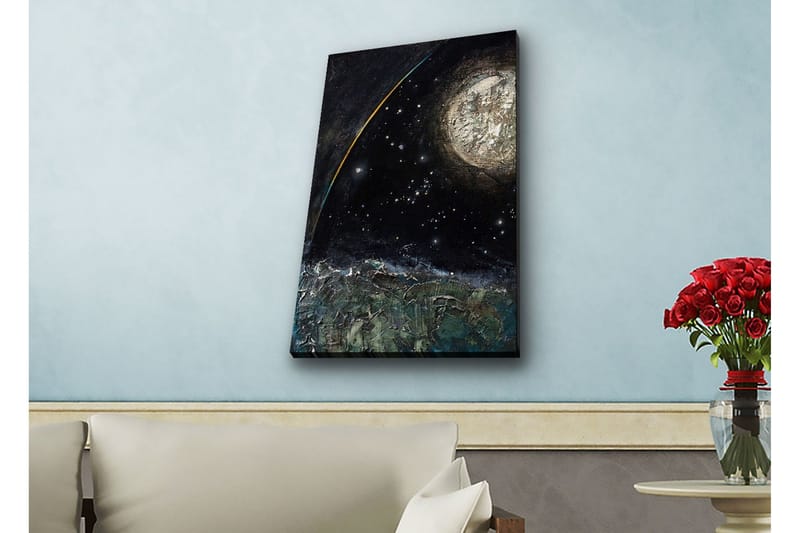 Canvas-taulu LED-valaistuksella - Upea avaruusmaisema planeetalla ja tähdillä, Tummansininen / Vihreä / Valkoinen