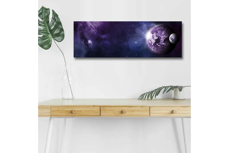Canvas-taulu LED-valaistuksella - Upea avaruusmaisema planeettoineen ja tähdineen - Violetti / Tummansininen / Valkoinen - Sisustustuotteet - Taulu & taide - Canvas-taulu