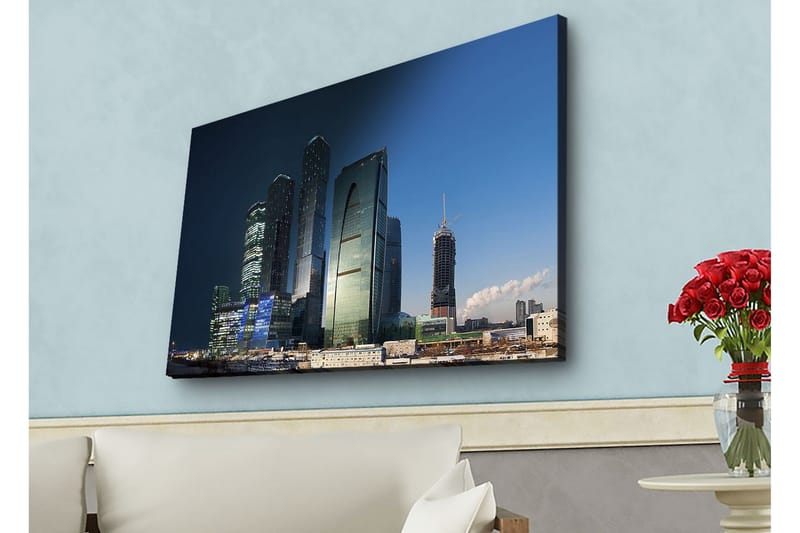 Canvas-taulu LED-valaistuksella - Upea kaupunkikuva moderneilla pilvenpiirtäjillä iltavalossa - Tummansininen / Vihreä / Musta - Sisustustuotteet - Taulu & taide - Canvas-taulu