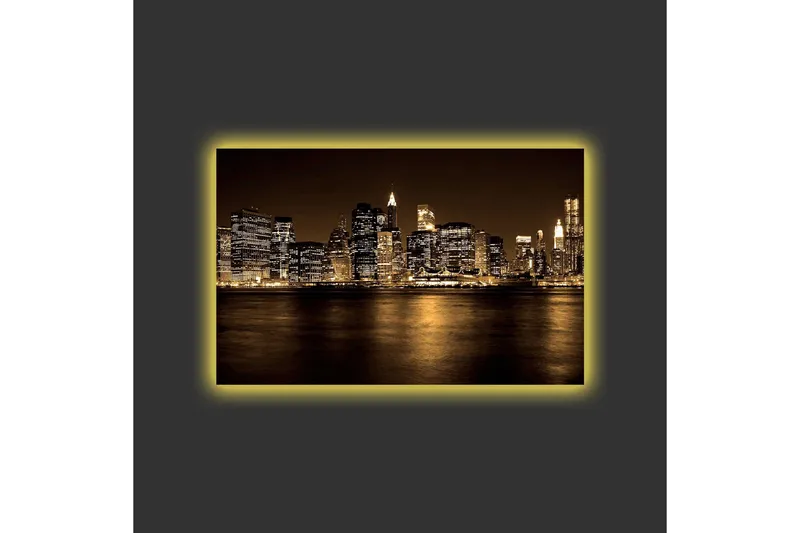 Canvas-taulu LED-valaistuksella - Upea kaupunkikuva valaistuilla pilvenpiirtäjillä ja horisontista - Kulta / Musta / Harmaa - Sisustustuotteet - Taulu & taide - Canvas-taulu
