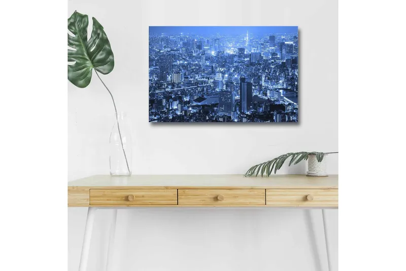 Canvas-taulu LED-valaistuksella - Upea kaupunkinäkymä yövalossa, Tummansininen / Vaaleansininen