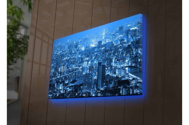 Canvas-taulu LED-valaistuksella - Upea kaupunkinäkymä yövalossa - Tummansininen / Vaaleansininen - Sisustustuotteet - Taulu & taide - Canvas-taulu