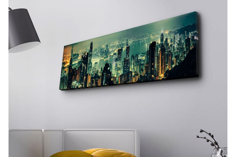 Canvas-taulu LED-valaistuksella - Upea kaupunkinäkymä pilvenpiirtäjillä yövalossa, Tummanvihreä / Kulta / Sininen