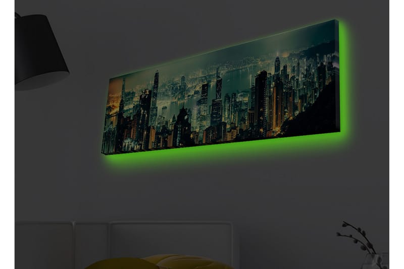 Canvas-taulu LED-valaistuksella - Upea kaupunkinäkymä pilvenpiirtäjillä yövalossa - Tummanvihreä / Kulta / Sininen - Sisustustuotteet - Taulu & taide - Canvas-taulu